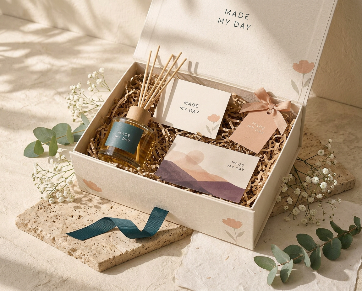Made My Day Brand Scent Gift Set พร้อมก้านหอม กล่องของขวัญ การ์ด และริบบิ้น